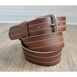 Levi Strauss Men 42" Brown Genuine Leather Belt Beige Thread Lines Silver Buckle